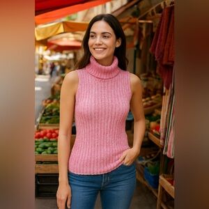 Vintage One Step Up Pink Ribbed Knit Sleeveless Turtleneck Sweater Size Large